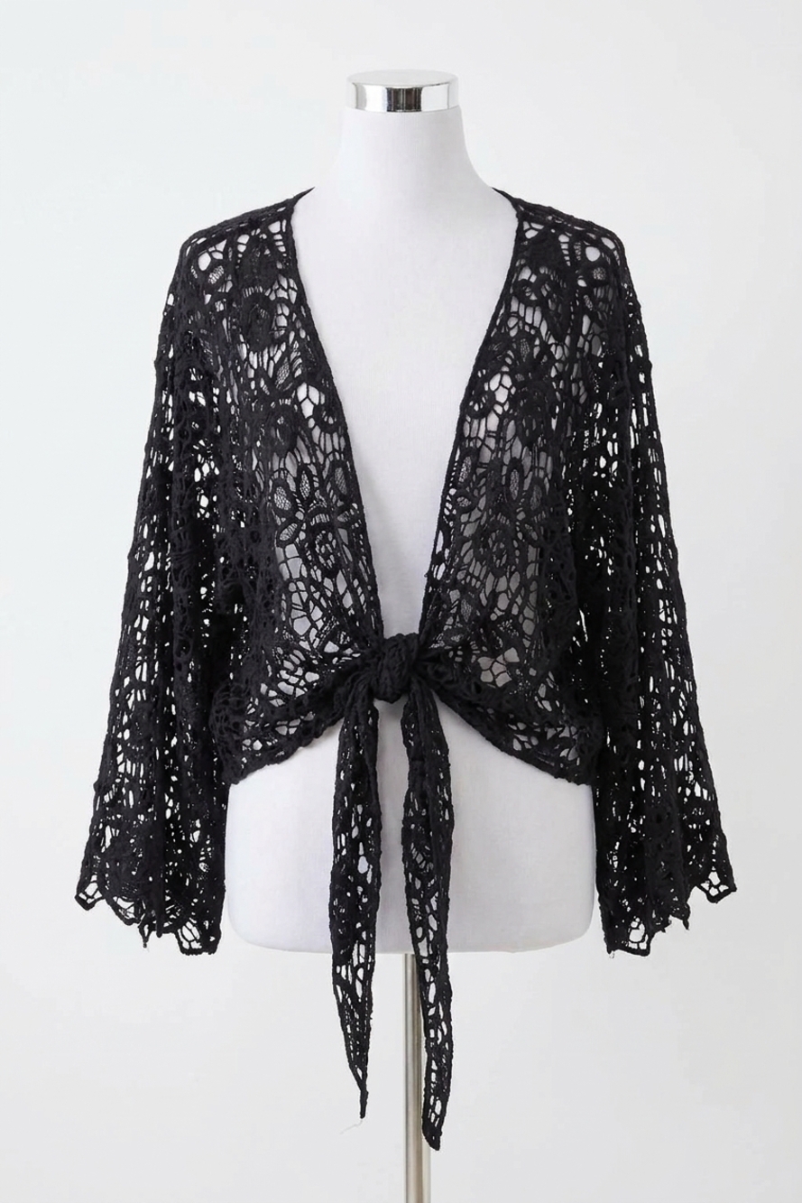 NEW AND THE WHY boho cotton lace tie front wrap lace in black